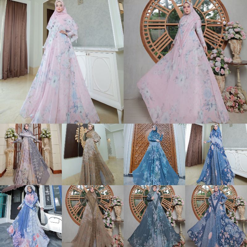 Sarimbit Collection By Gallery Syarifah Original Gamis Syar'i Set Khimar Ceruty Printing Scraf Segi 