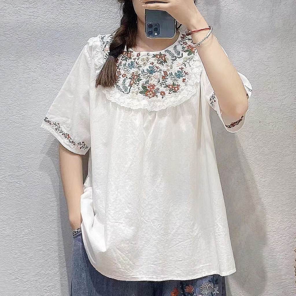 BLUS KATUN LINEN PUTIH OVERSIZED DADA LENGAN BORDIR BUNGA IMPORT