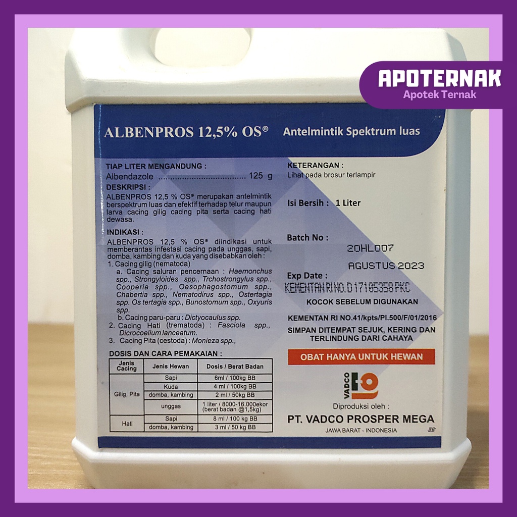 ALBENPROS 12.5% OS 1 Liter | Obat Cacing Ampuh Oral Untuk Sapi kambing Domba Unggas Rasa Blubery | Vadco