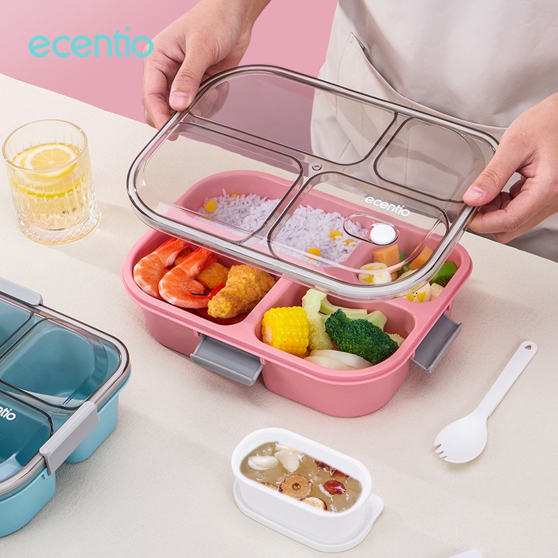 ecentio 3/4 grid kotak makan anti tumpah tempat makan kotak bekal lunch box merah muda