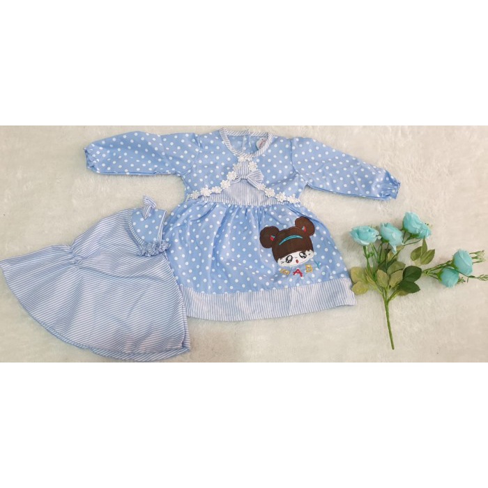 Baju Muslim Anak Perempuan Gamis Baju Bayi Muslim Anak Perempuan Polkadot Boneka Pita Flower - Biru 