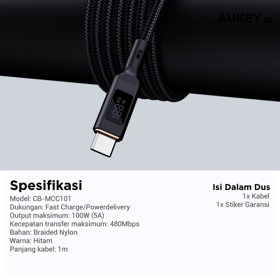 Kabel Charger Aukey CB-MCC101 USB C to C 5A LED Display 1M - 501672