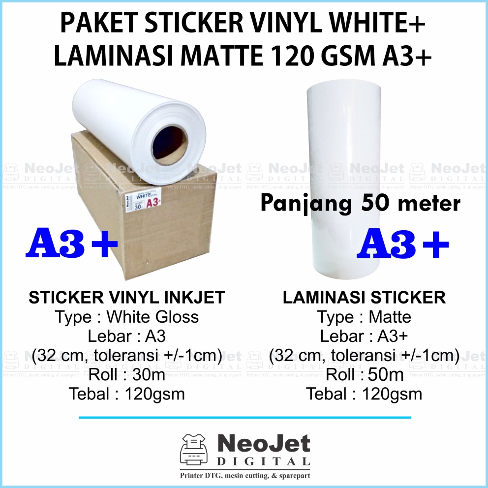 

Paket Sticker Vinyl Inkjet White Putih Laminasi Matte Doff Mate Buram 120 gsm A3+