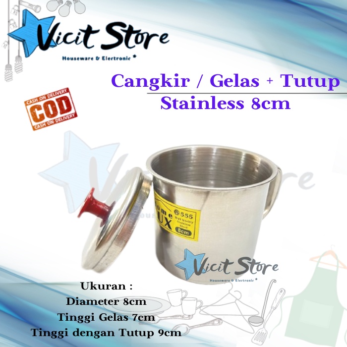 Cangkir / Gelas + Tutup / Mug Stainless + Tutup 8cm