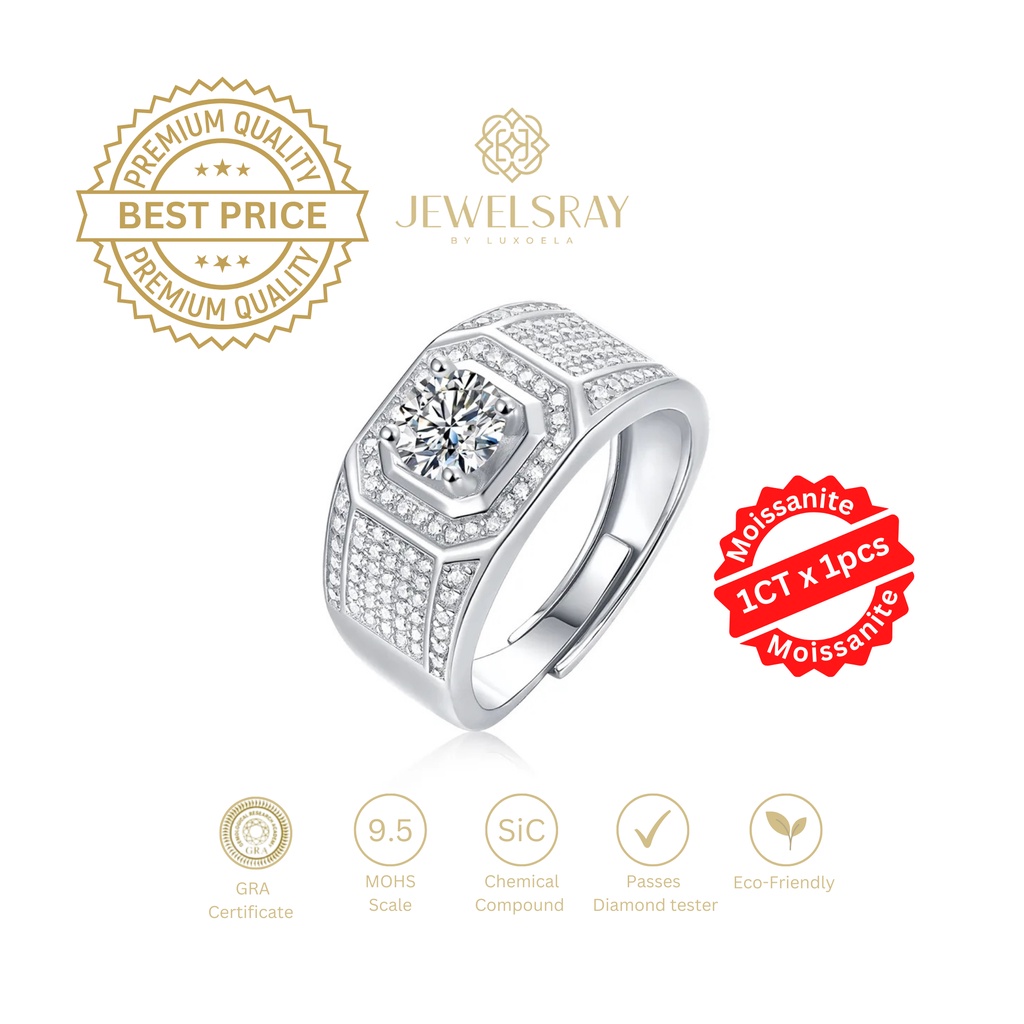 Cincin Pria Liam Moissanite Man Ring Adjustable Perhiasan Elegant Solitaire Fancy Diamond Look Cinci