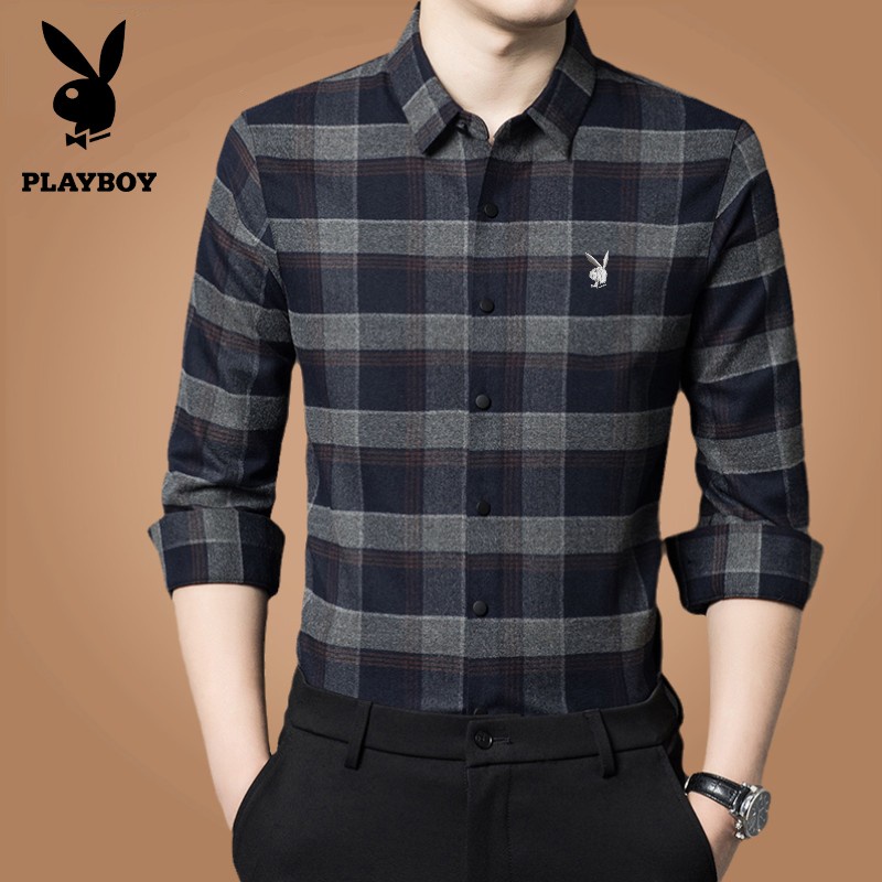 2022 Playboy musim gugur wol kemeja pria lengan panjang kotak-kotak setengah baya non-setrika bisnis
