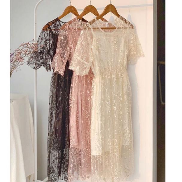 CHEKOUT D0154 FUYUMI KOREAN LACE MIDI VINTAGE DRESS TILE BRUKAT PESTA BUMIL FRIENDLY