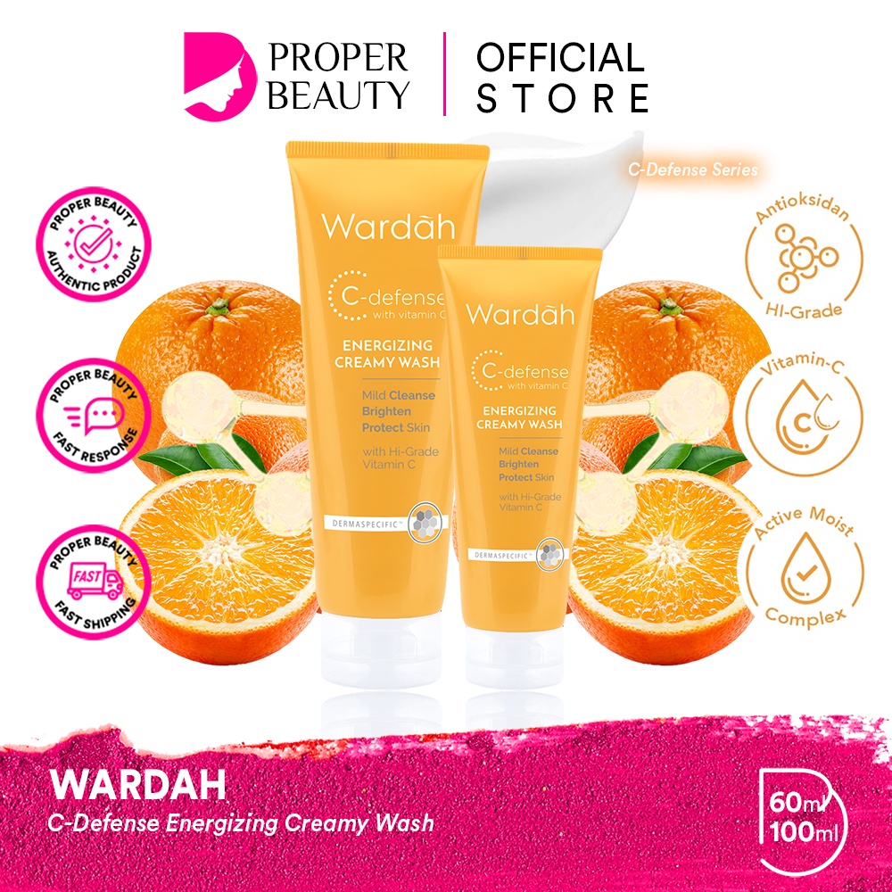 WARDAH C-Defense Energizing Creamy Wash Indonesia / Pembersih Wajah 60ml 100ml / Mild Cleanse Brighten Protect Skin With Vitamin C / Skincare Face Care Series / Treatment Perawatan Bersih / Whip Foam Mist Serum DD Cream Sleeping Mask Mousse Moisturizer