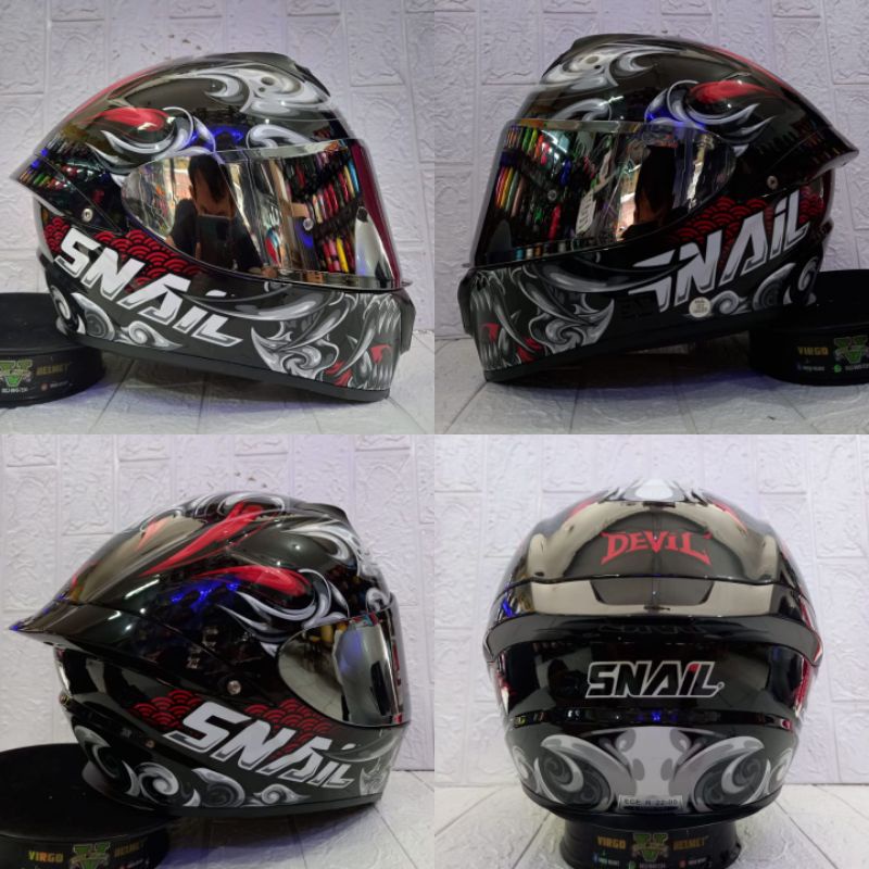 HELM SNAIL FFS2 MOTIF DEVIL GREY SILVER VARIASI GANTENG VISOR IRIDIUM