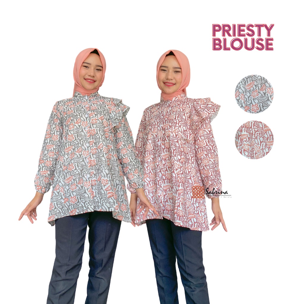 BLOUSE BATIK PRIESTY Atasan Batik Kerja Kantor Wanita Busui Katun Soft Pastel Ruffle Rampel Modis Modern Kekinian