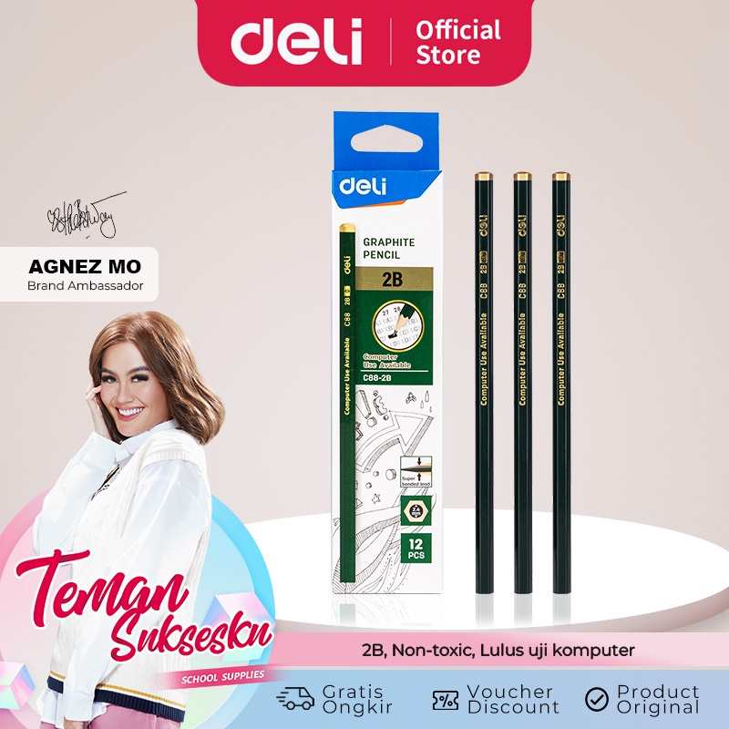 Deli Graphite Pencil / Pensil Kayu 2B 1 Pack Isi 12pcs Kualitas Bagus EC88