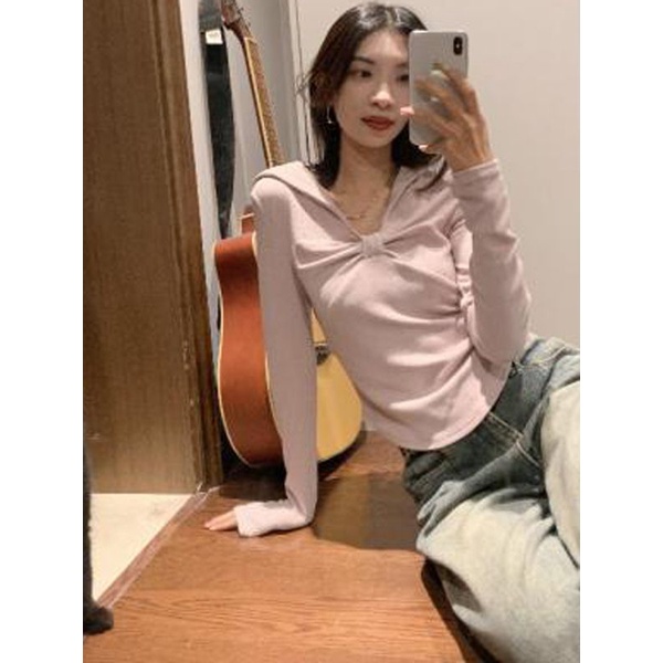 Red Gaya amerika bahu t-shirt pakaian luar berkerudung atasan rajut busur bottoming kemeja slim-fit manis keren lengan panjang musim semi baru