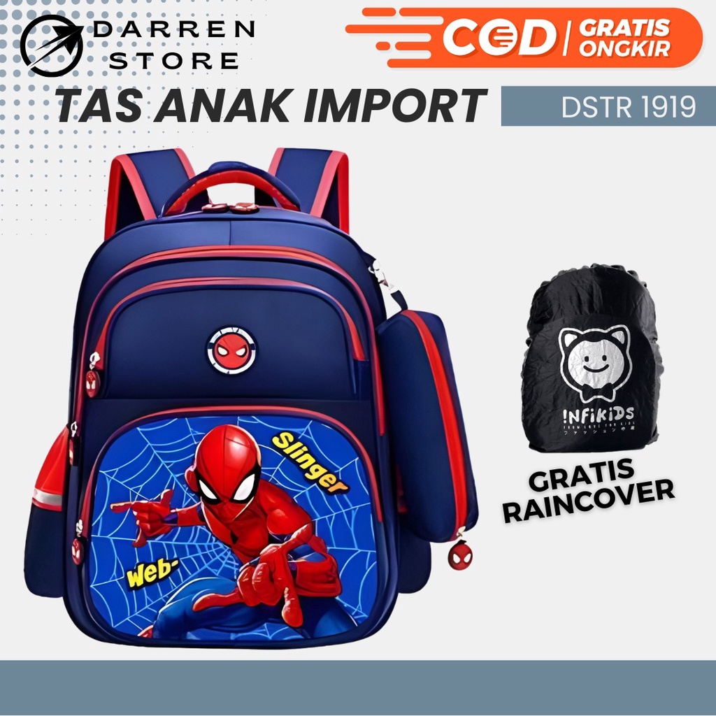 Ransel anak Spider DSTR 1919 Tas Sekolah Anak Laki Laki SD 16inch iMPORT FREE Raincover