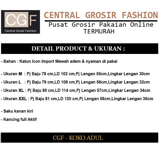 Koko Adul - Central Grosir Fashion (CGF) - Ukuran S-3XL - Matt Katun Icon Import - Baju Koko Qurta Pria - Baju Koko atasan Pria - New Arrival