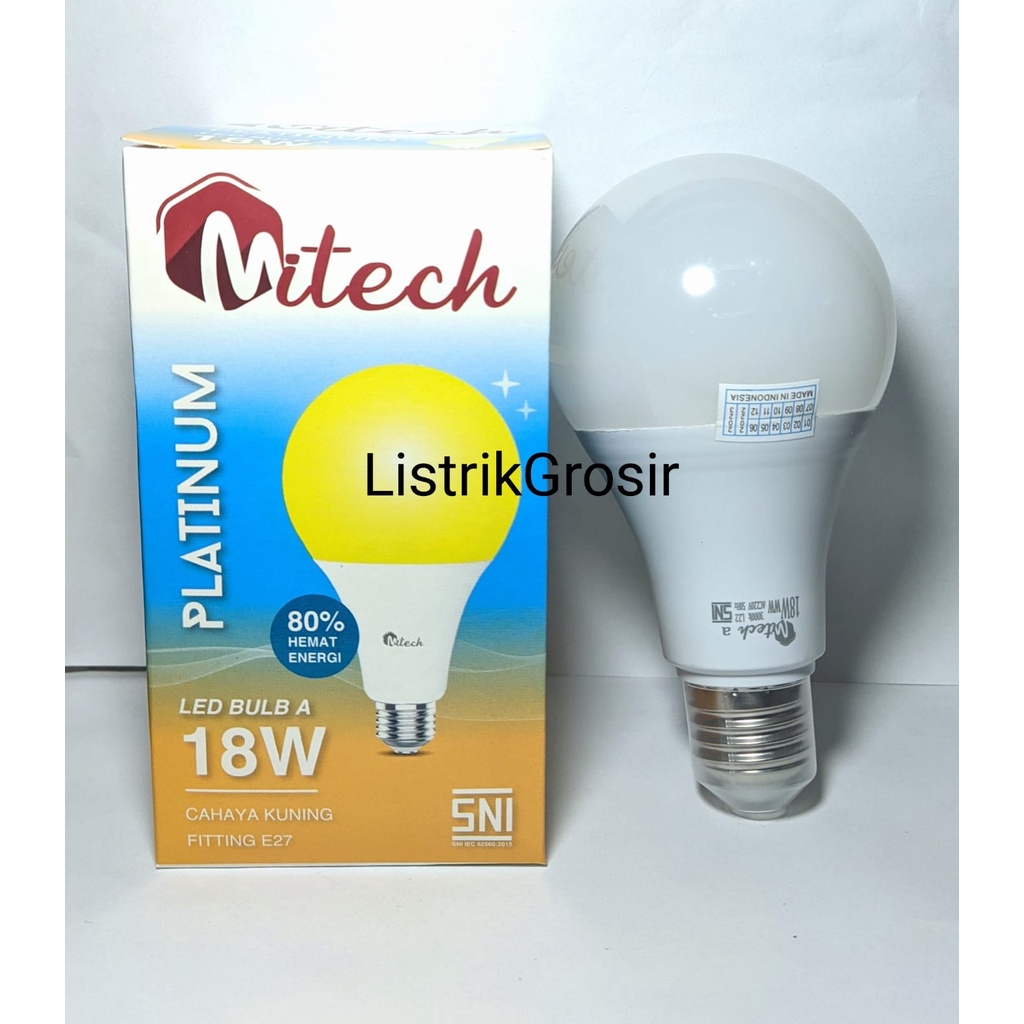 Warm White / Kuning Lampu Led MiTech Bohlam A Bulb 18w 18 Watt Kuning