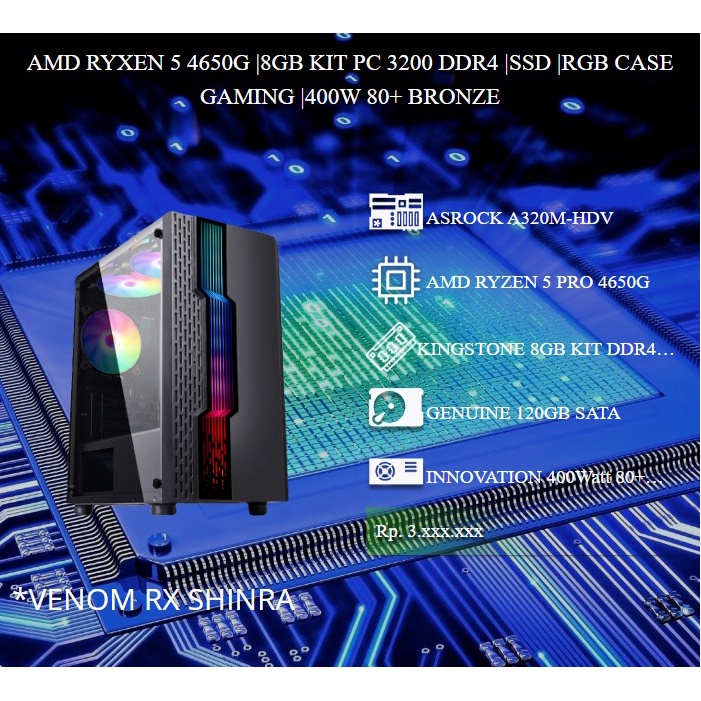 KOMPUTER RAKITAN GAMING RYZEN 5 4650G RAM 8GB KIT DDR4 SSD 120GB
