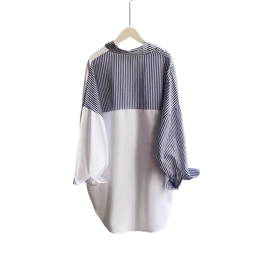 Ramdan Collection | Usagi Kemeja Salur Oversize Ld 120 M L XL XXL XXXL XXXXL 3XL 4XL Atasan Blouse Wanita Jumbo Putih Lengan Panjang Model Terbaru Kekinian Korean Style