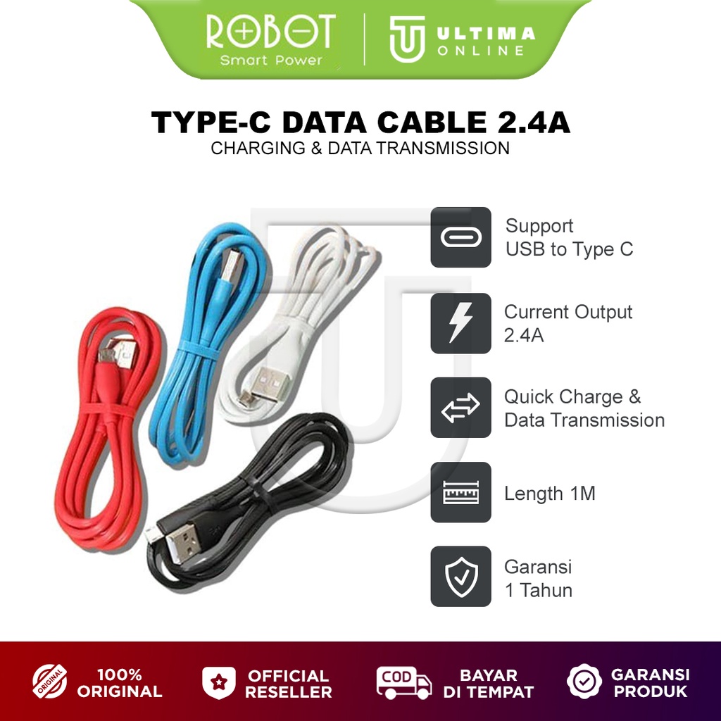 ROBOT Kabel Data Type C RT-TC100 Kabel Charger Casan HP Quick Charging