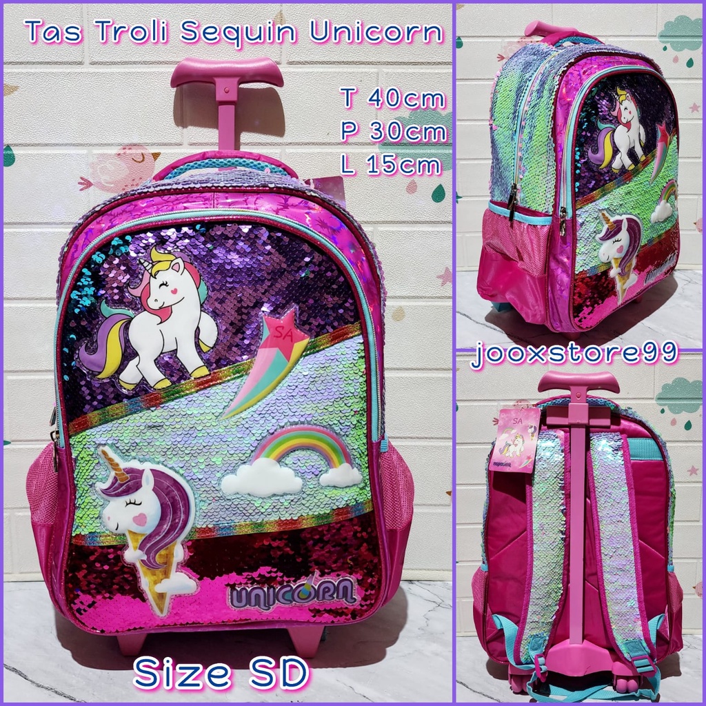 Tas Sekolah Troli Anak SD dan TK Gambar Unicorn Frozen Hellokitty Sofia Tas Trolley Anak Import Tas Koper Dorong Anak Perempuan Playgroup