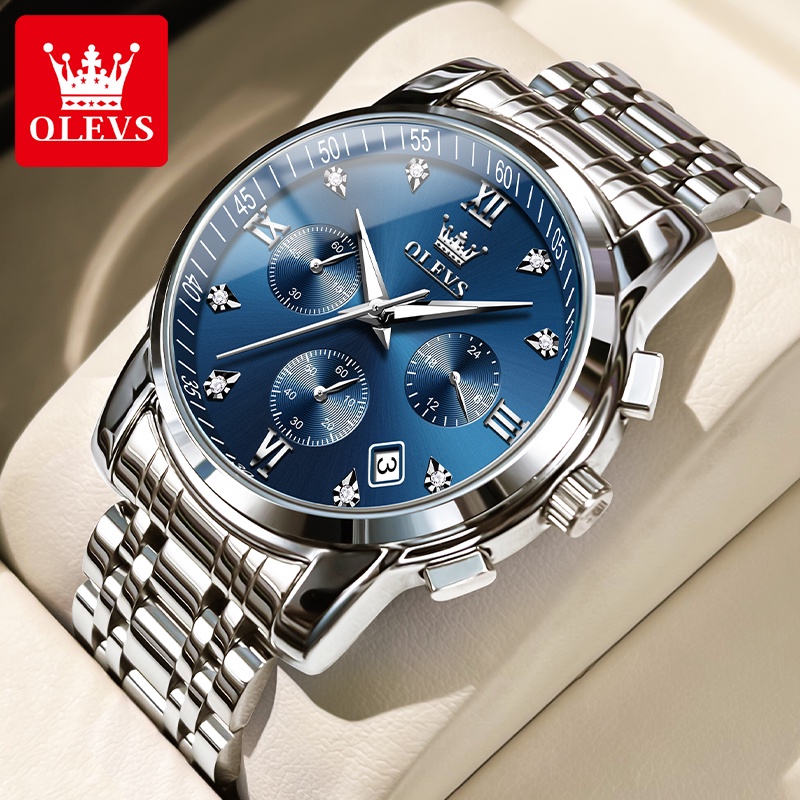 OLEVS Jam Tangan Pria Anti Air Original Stainless Steel Chrono Aktif Cowok Luminous Kalender Analog Men Watch Mode 2858-Biru