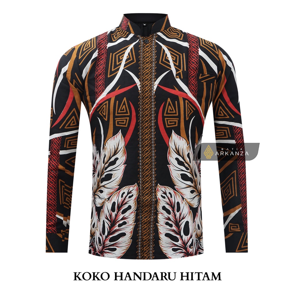 [KOKO BATIK HANDARU HITAM] BATIK ARKANZA Hem Atasan Kemeja Baju Batik Koko Kurta Pria Cowok Laki Laki Slimfit Full Lapis Furing Lengan Panjang Kerah Sanghai