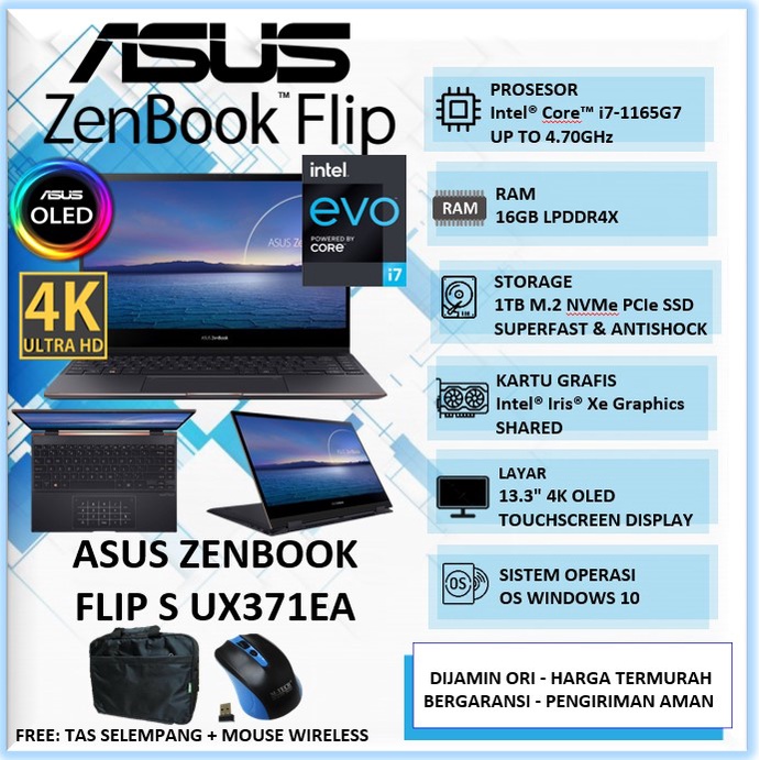 Laptop Touchscren 2in1 Asus Zenbook Flip S UX371EA Intel i7 Ram 16GB SSD 1TB 13" 4K OLED Windows 10 