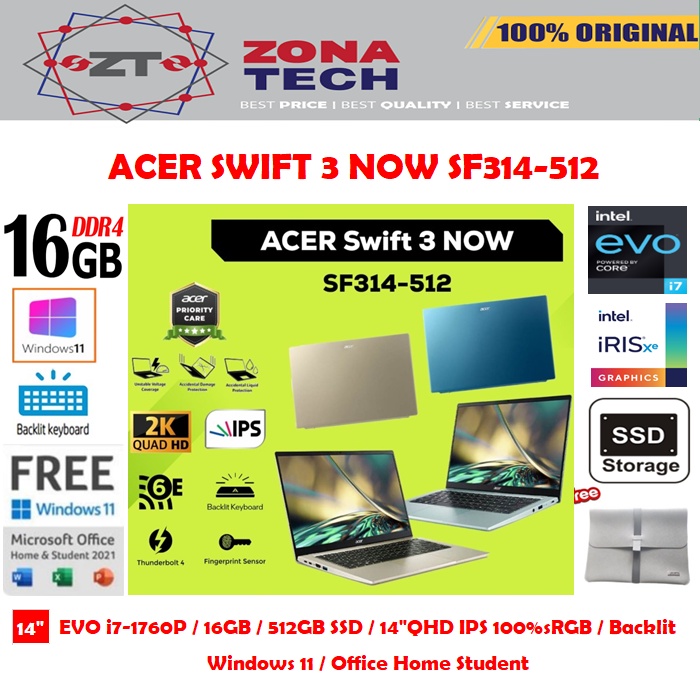 ACER SWIFT 3 NOW SF314 - EVO i7-1260P - 16GB - 512GB SSD - 14&quot;QHD IPS 100%sRGB - WIN11 - OHS