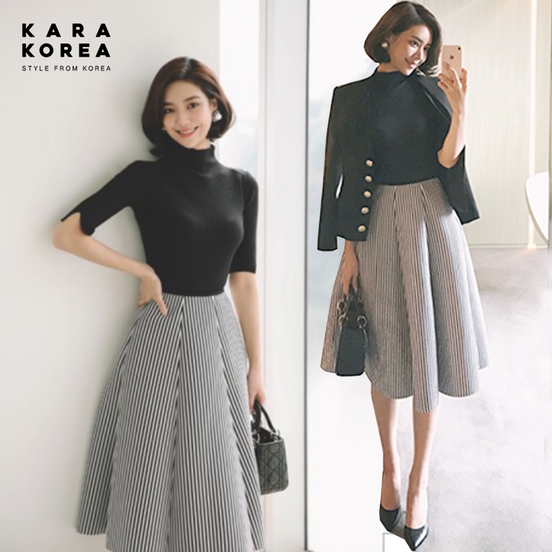 KARAKOREA 7-65 Stripe Space Cotton Skirt Rok maxi Rok midi Rok panjang Rok Kerja Rok Wanita/Rok Korea Skirt