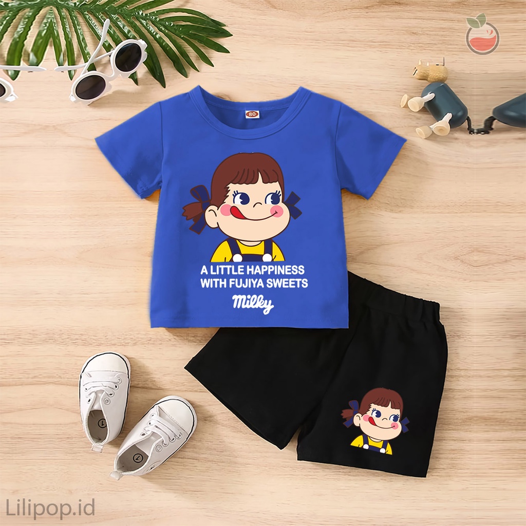 Baju Anak Stelan Kaos 3/4  FUJIYA Cowok Cewek  Usia 1 - 4 Tahun Celana Pendek Harian