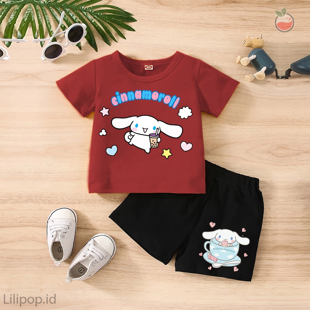 Baju Anak Stelan Kaos 3/4  CINNAMOROLL Cowok Cewek  Usia 1 - 4 Tahun Celana Pendek Harian