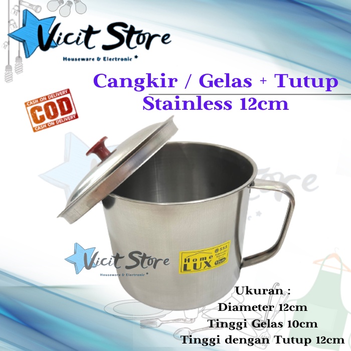 Cangkir / Gelas + Tutup / Mug Stainless + Tutup 12cm