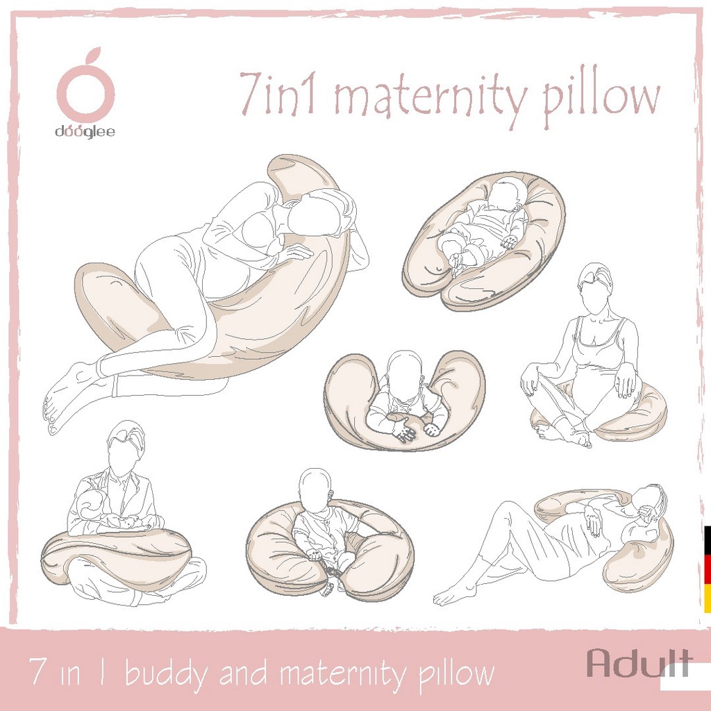 Dooglee 7in1 Maternity Pillow memiliki ukuran panjang bantal 150cm. Bantal seluruh tubuh memberikan kenyamanan sempurna untuk kepala, leher, bahu, lengan, lutut dan kaki anda. Menggunakan material 100% natural latex dan microfiber, bantal ini sangat Sempu