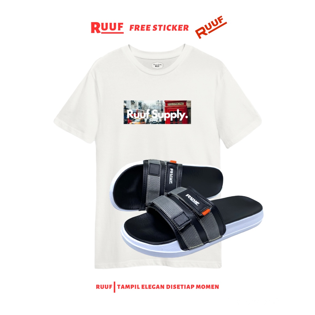 Ruuf - Bundling 0208 Slide Sandal dan A02 White T-Shirt