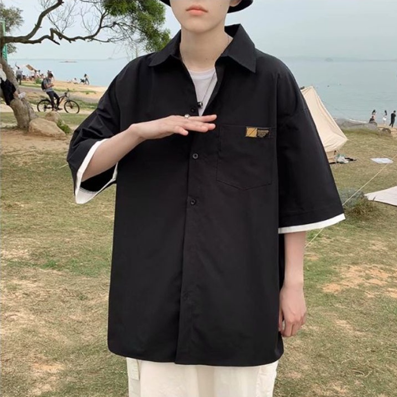 Kemeja Pria Korean Style Lengan Pendek Longgar Shirt Polos  Pria atasan kemeja oversize Baju Laki Laki hitam Kemeja Cowok Atasan pria Oversize terbaru Dua Potong kemeja Blue