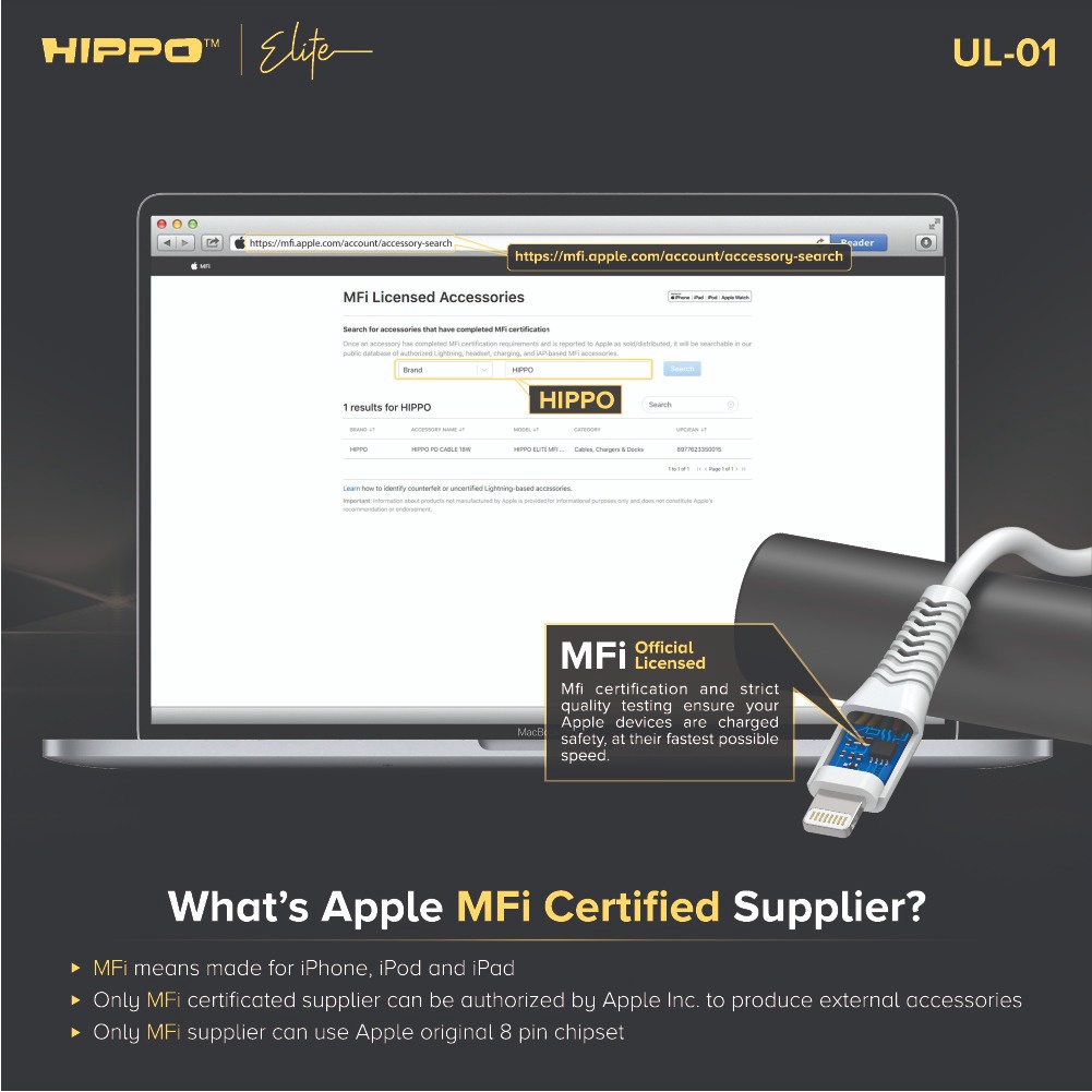 Hippo Elite UL-01 MFI Cable Apple Certificate Garansi Resmi Hippo