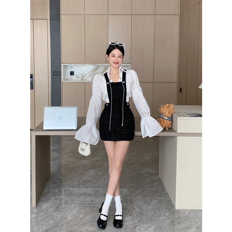 Red Kumikumi design sense drawstring bow tie shirt female spring strap dress short skirt two-piece set