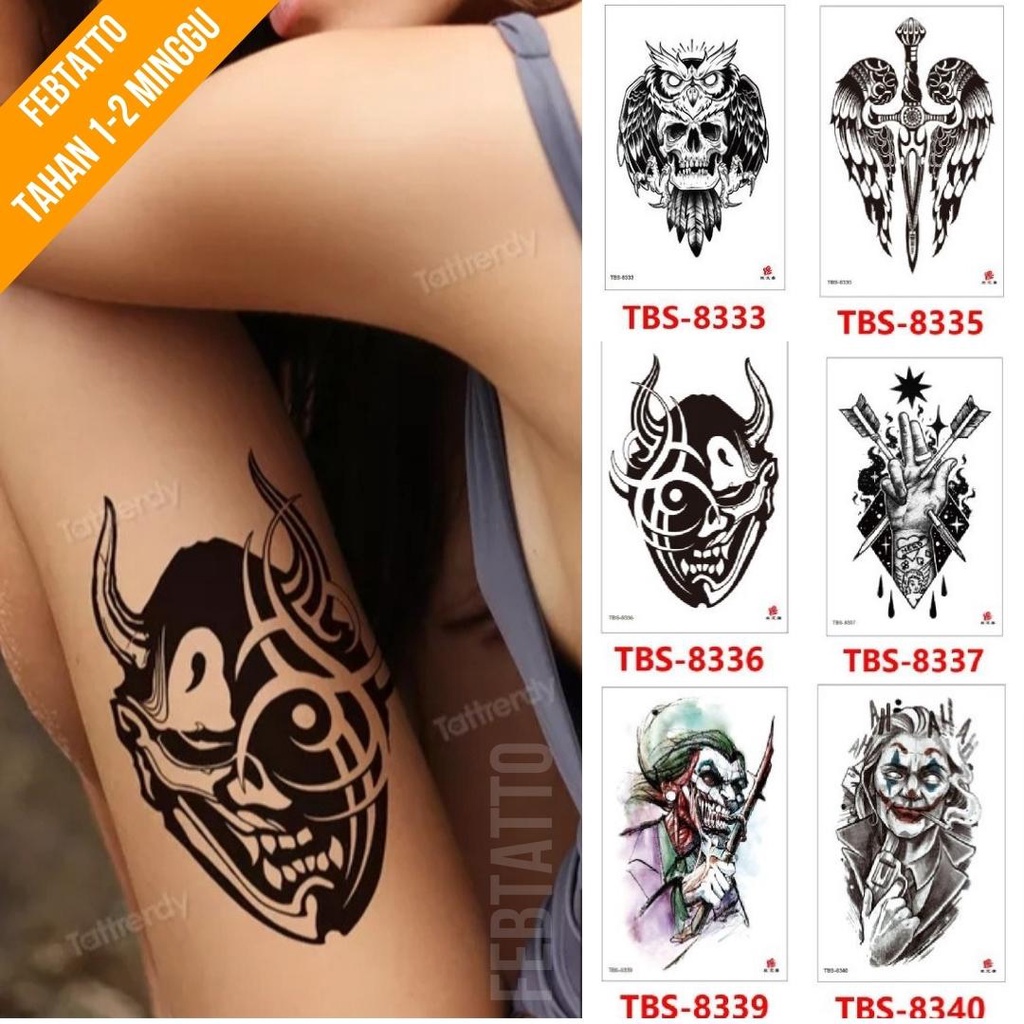 Tato Temporer Ukuran 12cmx19cm Motif Aesthetic Tatto Temporary Stiker Tato Halal Grosir Tato air motif burung hantu, sayap, tengkorak, tangan, joker TBS 8336