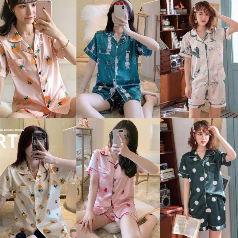 HARGA BERSAHABAT baju tidur satin import piyama satin motif baju tidur celana pendek pajamas satin H