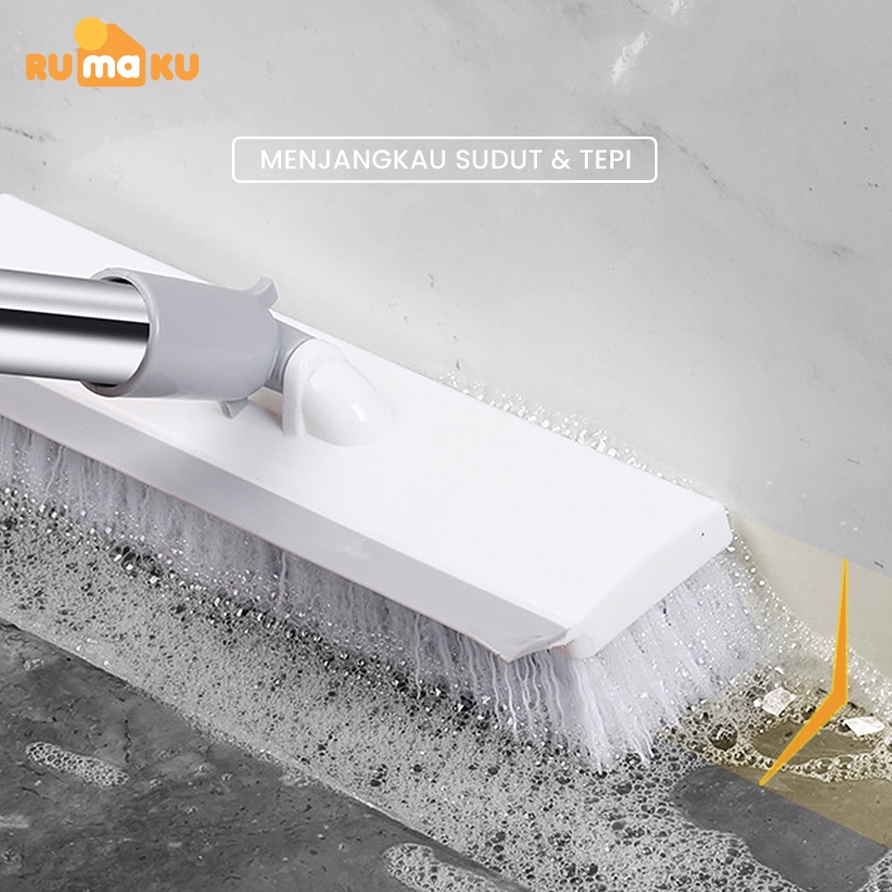 Rumaku Sikat Pembersih Lantai Toilet Kamar Mandi 2 in 1 Praktis Serbaguna Serokan Air Gagang Panjang Warna Putih
