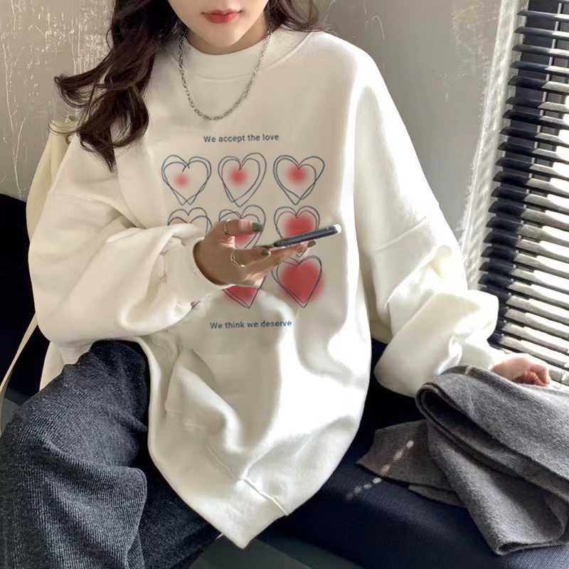 Sweater Heart kaos oversize baju korean style wanita/atasan kaos wanita lengan panjang