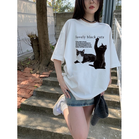 EUNII T-shirt Lengan Pendek Retro Black Cats Korean Style/Kaos Atasan Wanita/Baju Kaus Oversize Wanita/Kaos Wanita