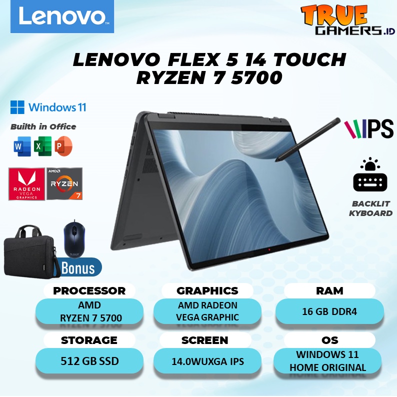 Laptop Lenovo flex 5 14 2in1 AMD RYZEN 7 5700 RAM 16GB 512SSD VEGA8 WIN11 OHS 14.0WUXGA IPS