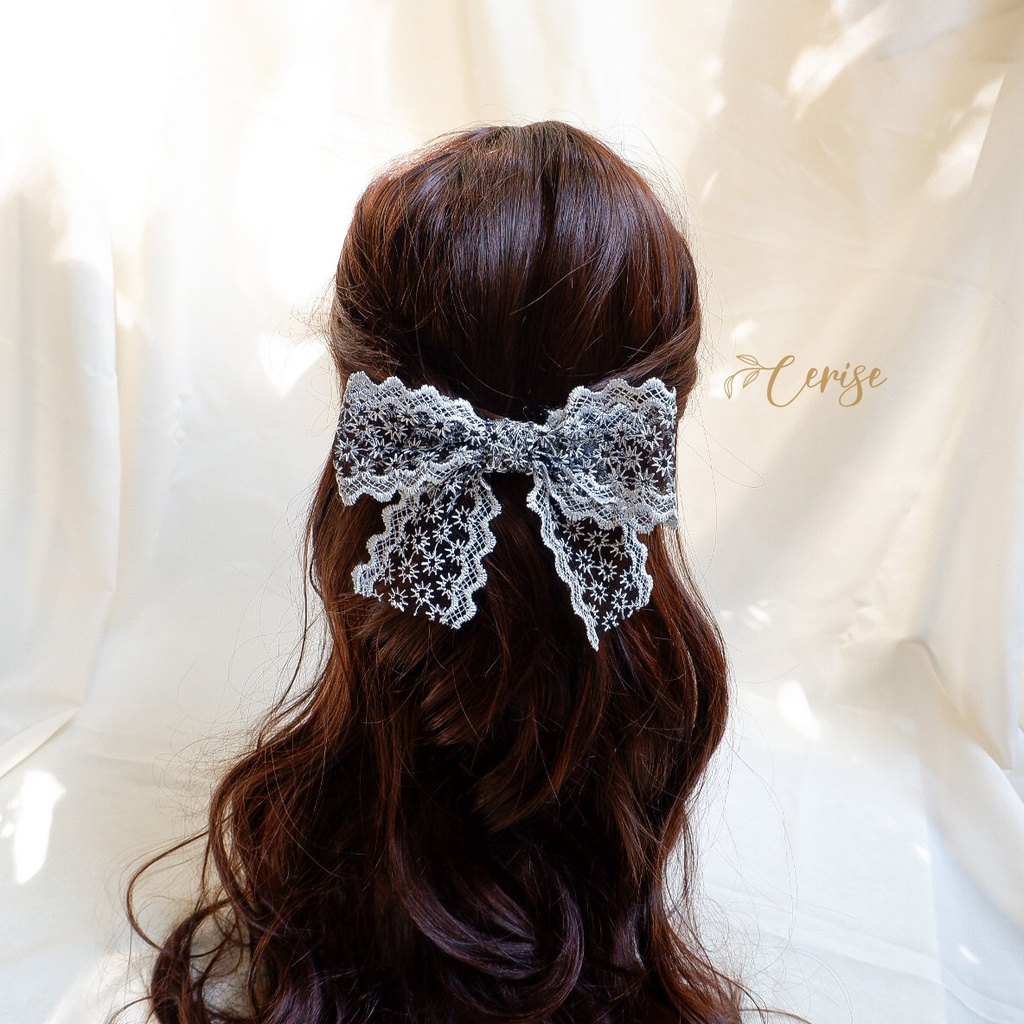 Emiko Hairpin | Jepit rambut pita lace korea hitam, coklat, cream untuk anak dan wanita dewasa cantik manis