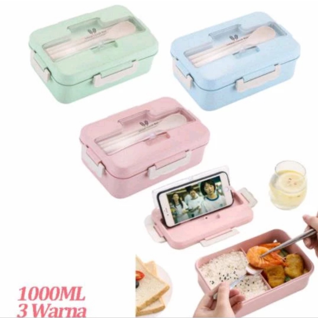 Lunch Box Kapasitas 1000 ml + Bunus Sendok Sumpit Kotak Makan Biru Hijau Pink Bekal