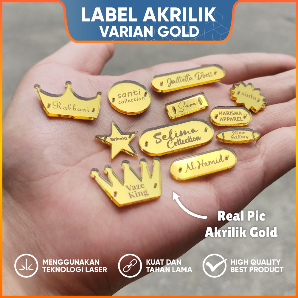 TERMURAH LABEL Akrilik GOLD CUSTOM untuk Rebranding Hijab / Kerudung / Baju / Gamis / Abaya / Dress Maxy Scarf Acrylic Jilbab Mirror Produk Branding Lebel Grosir Hang Tag Grafir Laser Cutting Clothing