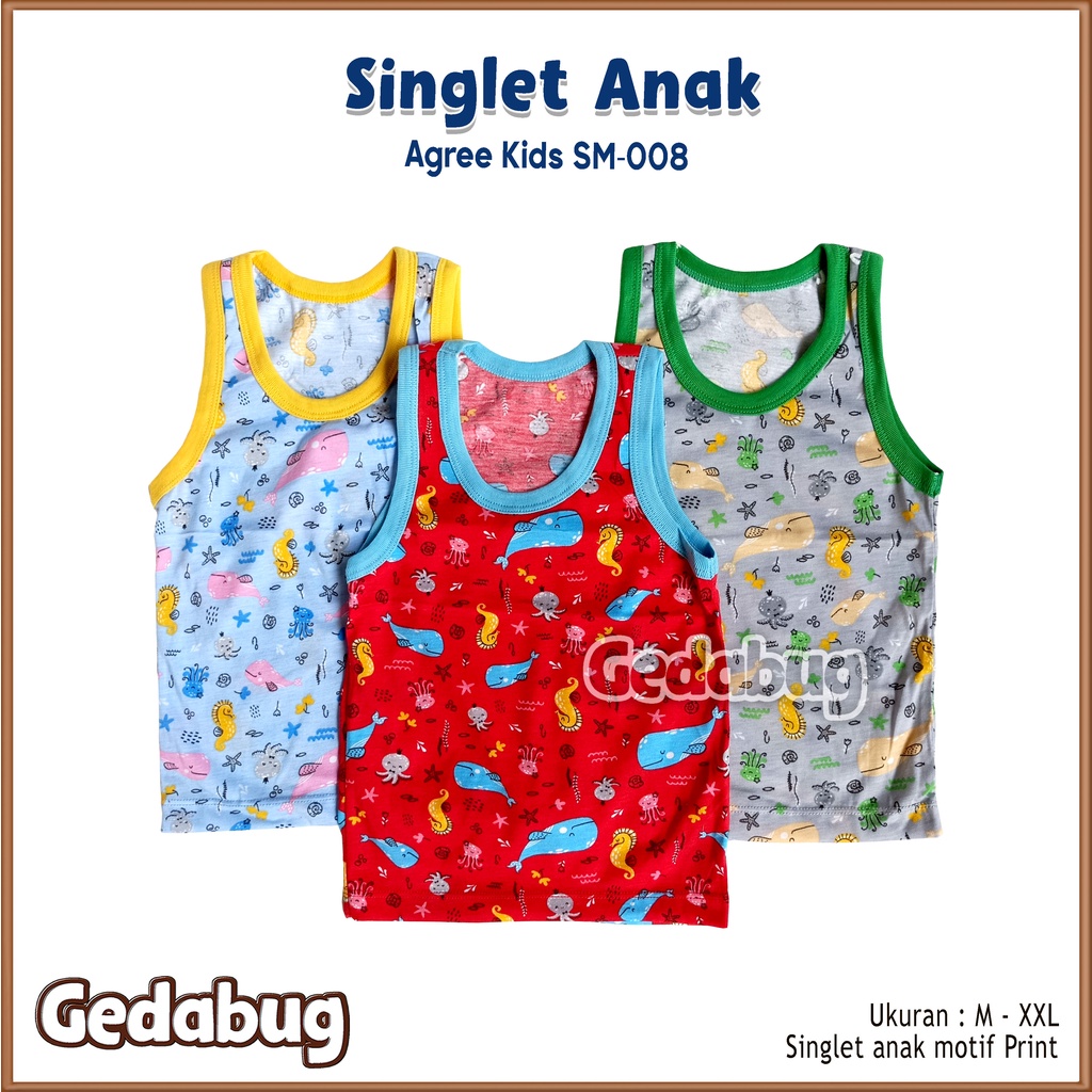 3 Pcs - Singlet anak Agree SM - 008 Motif The Sea | Singlet anak motif lucu dan Berkualitas | Gedabug