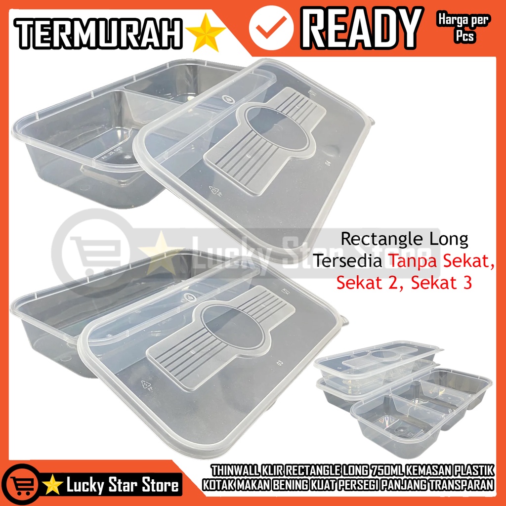 THINWALL KLIR RECTANGLE LONG KOTAK MAKANAN FOOD THINWAL SATE BOX PLASTIK BENING TRANSPARAN SEKAT 2 3
