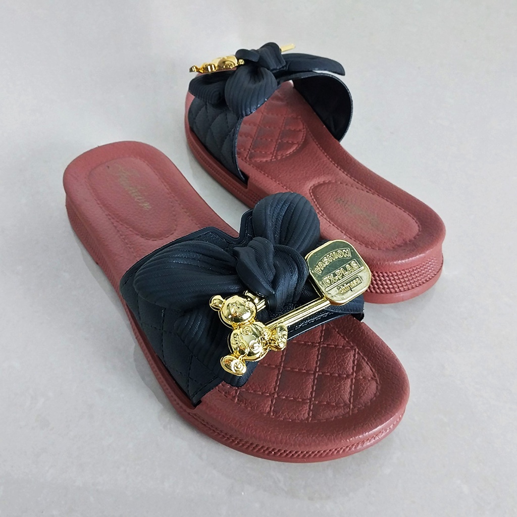 Sandal Slip On Wanita Korea Fashion Style Sandal Slop Flat Motif Pita Sandal Cewek Kasual Nyaman PVC Satu7an SPT-55