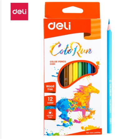 Pensil Warna 12 Panjang DELI Pegangan Segitiga C001