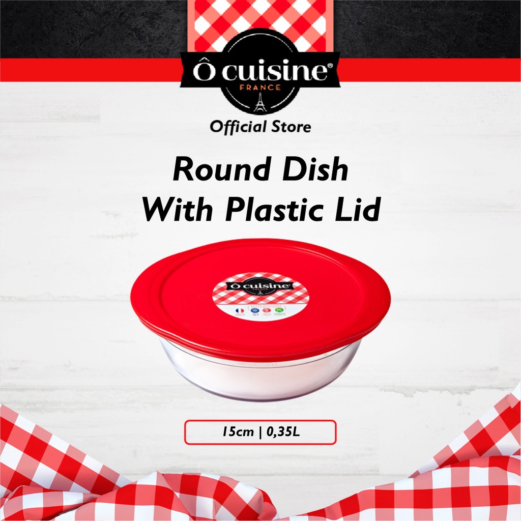 Loyang Kaca Ocuisine Storage-Round Dish With Plastic Lid 15 Cm 0.35 Lt